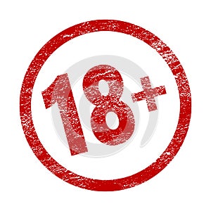 18 plus red movie icon in trendy grunge style isolated on white background. Adult content. Under eighteen years sign