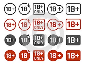 18 plus years old icon set, adults content signs