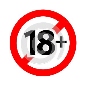 18 sign warning symbol isolated on white background, over 18 plus only censored, eighteen age older forbidden adult content