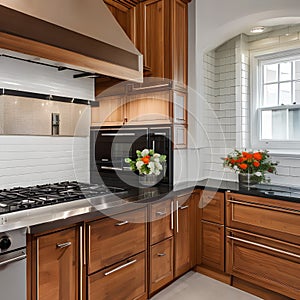 18 A traditional-style kitchen with a mix of white and wooden cabinetry, a classic subway tile backsplash, and a large range hoo