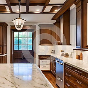 18 A traditional-style kitchen with a mix of white and wooden cabinetry, a classic subway tile backsplash, and a large range hoo