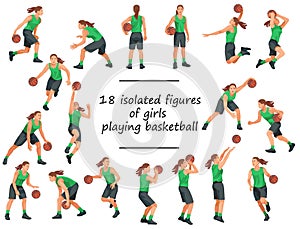 18 women\'s basketball girl players standing with the ball, running, jumping, throwing, shooting, passing the