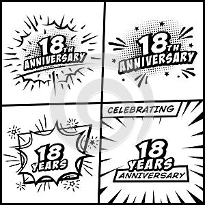 18 years anniversary logo collection. 18th years anniversary celebration comic logotype. Pop art style vector and illustration.