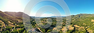180 degrees scenic panoramic natural landscape. Countryside of Italy, Europe. Aerial Drone view