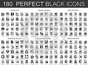 180 education, online learning, brain mind process, business project, economics market classic black mini concept icons