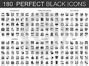 180 household, home appliances, pet, garden, kitchen, baby black mini concept icons and infographic symbols set.