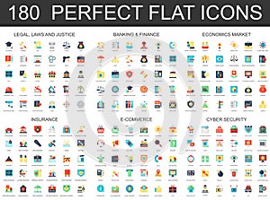 180 modern flat icon set of Legal law justice, banking finance, economics market, insurance, e commerce, cyber security