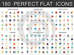 180 modern flat icons set of entertainment, summer time, travel cruise, camping, gps navigation and insurance icons.