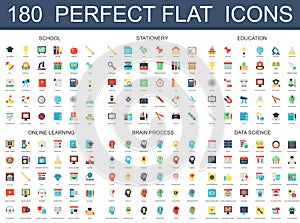 180 modern flat icons set of school, stationery, education, online learning, brain process, data science icons.