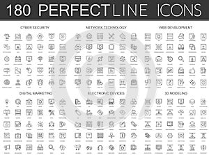 180 modern thin line icons set of cyber security, network technology, web development, digital marketing, electronic