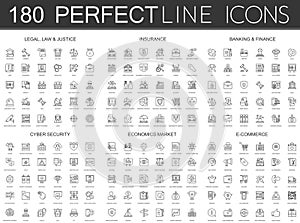 180 modern thin line icons set of legal, law and justice, insurance, banking finance, cyber security, economics market