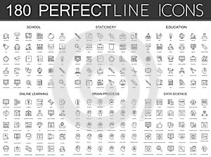 180 modern thin line icons set of school, stationery, education, online learning, brain process, data science.