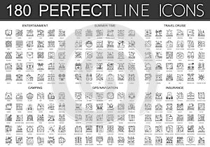 180 outline mini concept icons symbols of entertainment, summer time, travel cruise, camping, gps navigation, insurance