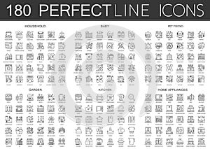 180 outline mini concept icons symbols of household, baby, pet friend, garden, kitchen, home appliances icon.