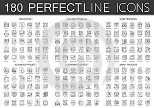 180 outline mini concept infographic symbol icons education, online training, mind process, business project, economics