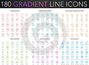 180 trendy gradient vector thin line icons set of household, home appliances, building construction, real estate, design