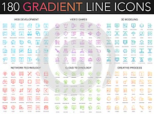 180 trendy gradient vector thin line icons set of web development, video games, 3d modeling, network technology, cloud