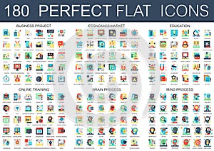 180 vector complex flat icons concept symbols of business project, economics market, education, online training, brain