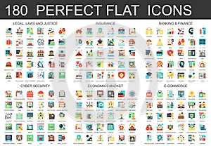 180 vector complex flat icons concept symbols of legal, laws and justice, insurance, banking finance, cyber security