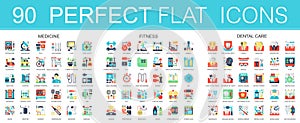 180 vector complex flat icons concept symbols of medicine, sport fitness, dental care. Web infographic icon design.