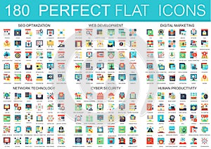 180 vector complex flat icons concept symbols of seo optimization, web development, digital marketing, network