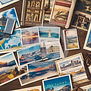 1838 Vintage Travel Postcards: A retro and travel-themed background featuring vintage travel postcards, stamps, and retro travel