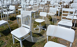 185 empty white chairs sculpture in Christchurch New Zealand