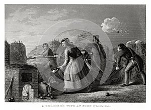 1860 Antique Print: A Soldier`s Wife at Fort Niagara, War of 1812 by T. Walker.