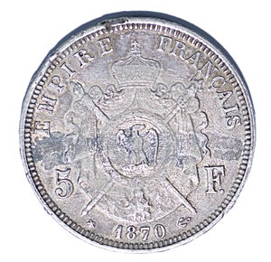 1870 A FRANCE Francais Empereur emperor NAPOLEON III Barre Antique old vintage Silver 5 Franc French Coin reverse back side