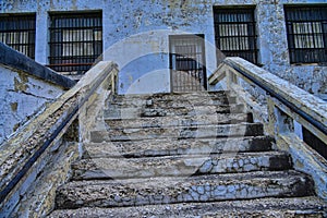 1871 Montana Territorial Prison in Deer Lodge crumbling stairs at the back of the administration building