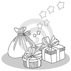 1879 gifts, Christmas gifts, black and white linear drawing, isolate on a white background