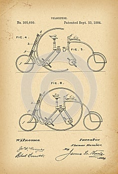 1884 Patent Velocipede Tandem Bicycle archival history invention