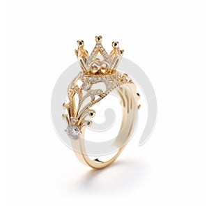 18k Yellow Gold Queen Crown Ring With Fine Lines And Intricate Details