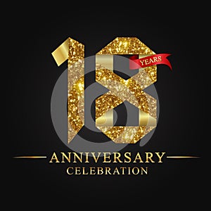 18th anniversary years celebration logotype. Logo ribbon gold number and red ribbon on black background.