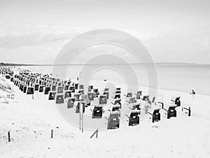 18th of August 2017, Binz, Germany. Sunny beach on Ruegen island, with canopied chairs