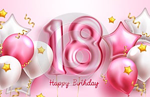 18th birthday balloon vector design. Happy birthday text with 18 number inflatable balloons party elements