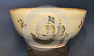 18th Century Antique Chinese Famille-Rose Porcelain Punch Bowl Swedish East Indiaman Vessel Ship Sail Boat Illustration
