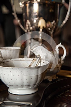 18th Century cups and saucers crockery on inlaid wooden serving