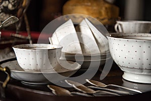 18th Century cups and saucers crockery on inlaid wooden serving