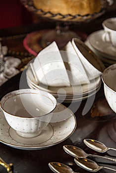 18th Century cups and saucers crockery on inlaid wooden serving