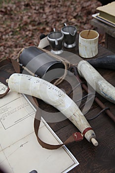 18th century powder horn and supplies