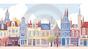 18th century urban street landscape with residential, government and church buildings. Retro cartoon modern background