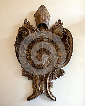 18th century woodcarving, Arms of the Order of Saint Jerome in the Jeronimos Monastery in Lisbon, Portugal.