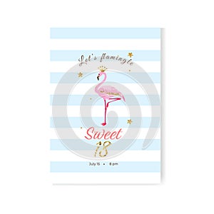 18th years birthday invitation card with glitter elements and a pink flamingo in the middle. Template