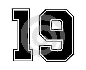 19 Classic Vintage Sport Jersey Number in black number on white background for american football, baseball or basketball