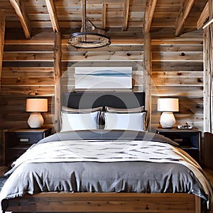 19 A cozy, rustic bedroom with a mix of plaid and solid bedding, a wooden bed frame, and a large, plush area rug4, Generative AI