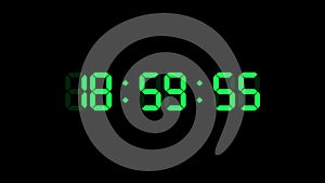 19 hour o`clock digital clock. Seconds count to nineteen. Numerical electronic green display screen