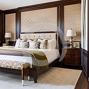 19 A traditional-style bedroom with a mix of wooden and upholstered furniture, a classic wooden bed frame, and a mix of patterne