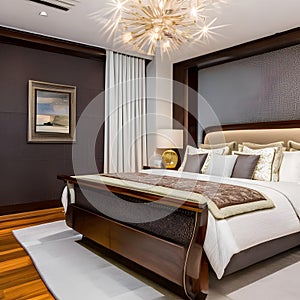 19 A traditional-style bedroom with a mix of wooden and upholstered furniture, a classic wooden bed frame, and a mix of patterne