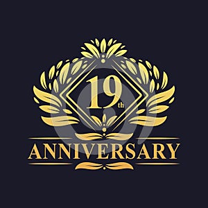 19 years Anniversary Logo, Luxury floral golden 19th anniversary logo